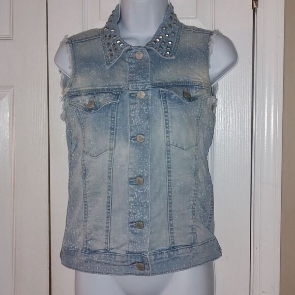 Rock & Republic Gunshow fray sleeve studded collar bleached denim vest Sz XS - Picture 1 of 6